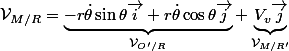 \mathcal{V}_{M/R}=\underbrace{-r\dot{\theta}\sin \theta \vec{i} +r\dot{\theta} \cos \theta \vec{j}}_{\mathcal{V}_{O'/R} } +\underbrace{V_v \vec{j}}_{\mathcal{V}_{M/R'}} 